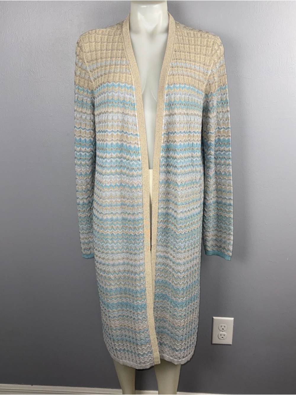 Ann Taylor Long Chevron Cardigan Duster Women M Multicolor Open Front Boho Chic